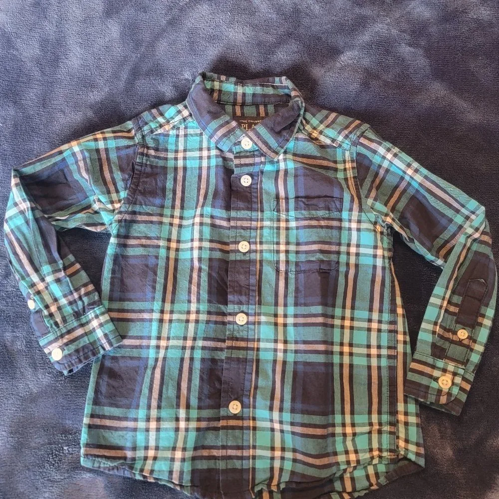 🌟The Children's place blue plaid print long sleeve button down shirt, 3T